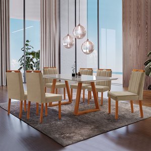 Conjunto Sala de Jantar Mesa Viena Madeira Maciça 160x90cm Tampo Retângular Vidro Off White com 6 Ca