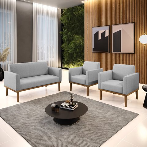 Conjunto 2 Poltronas e 1 Namoradeira Decorativa Isabella Pés Fixo em Madeira Castanho Linho Cinza G1