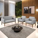 Ver imagem 1 de Conjunto 2 Poltronas e 1 Namoradeira Decorativa Isabella Pés Fixo em Madeira Castanho Linho Cinza G1