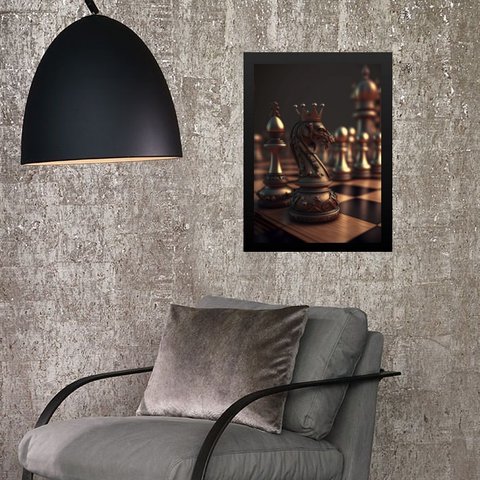 Quadro Tabuleiro Xadrez- Cavalo 24x18cm - com Vidro:madeira Preta