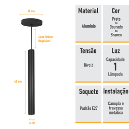 Kit 2 Pendente Tubo Palito 45cm - Preto + Lampada Led 4w - 2