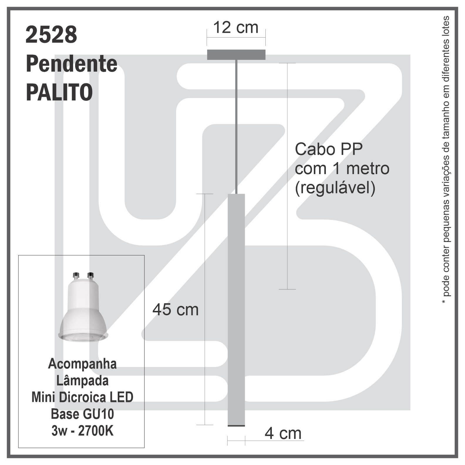 Kit 2 Pendente Tubo Palito 45cm - Preto + Lampada Led 4w - 2