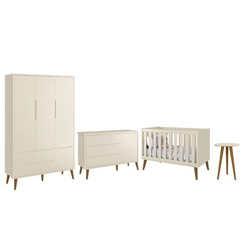 Dormitório Infantil Theo Retrô 3 Portas, Cômoda 1 Porta, Berço e Mesa de Apoio Areia Fosco com P