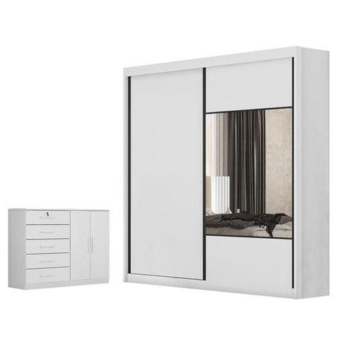 Guarda Roupa Casal Sienna com Espelho e Cômoda Seul Neve - Novo Horizonte