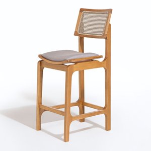 Banqueta Alta de Madeira Vik Freijó Encosto Tela Sextavada Mesclada