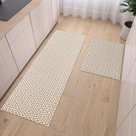 Tapete Conjunto Cozinha 2 Peças Passadeira Geométrico 1,30m X 0,45m Capacho 0,65m X 0,45m Caramelo