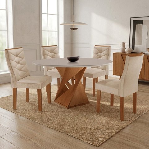 Mesa de Jantar Redonda com 4 Cadeiras MDF Barcelona Casuá Cinamomo Off White Suede Pena