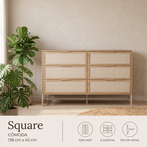 Cômoda Square para Quarto Grande 6 Gavetas 100% MDF Pés de Metal 138cm Telinha Rattan Tauari