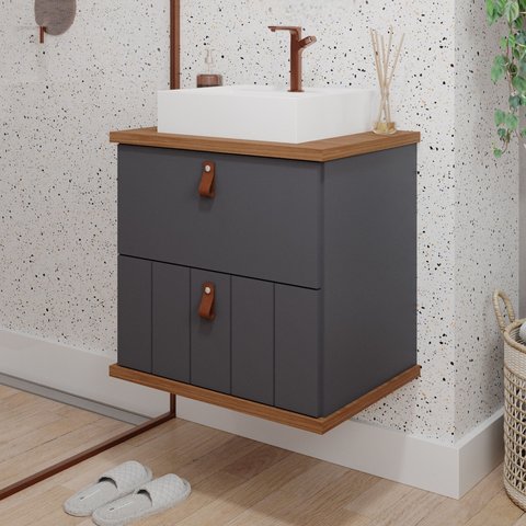 Gabinete Suspenso com Cuba 60cm Poli Espresso Móveis Cinza/Titanium