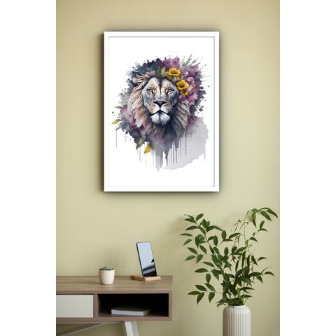Quadro Decorativo Leão Flores Aquarela - 70x50cm:moldura Branca