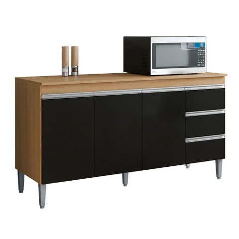 Balcão Gabinete Cozinha Andréia 150cm 3 Portas com Tampo Mdp Amêndoa Preto - Desk Design