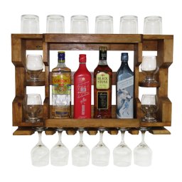 Bar Adega de Parede em Madeira Rústica Pinus para 4 Garrafas e 6 Taças - 1