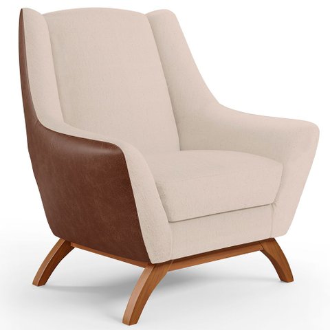 Poltrona Decorativa Base em Madeira Juliet D02 Courissímo Marrom B-38 Linho Bege C-107 - Lyam Decor