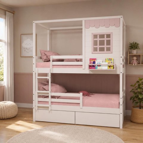 Beliche Infantil Casinha Reta com 02 Gavetas e Grade Removível Madeira Maciça Branco/ Rosa