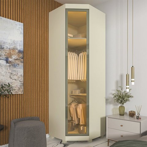 Módulo Guarda-Roupa Canto com Vidro Reflecta e LED 100% MDF Imperatriz Bege/Off White