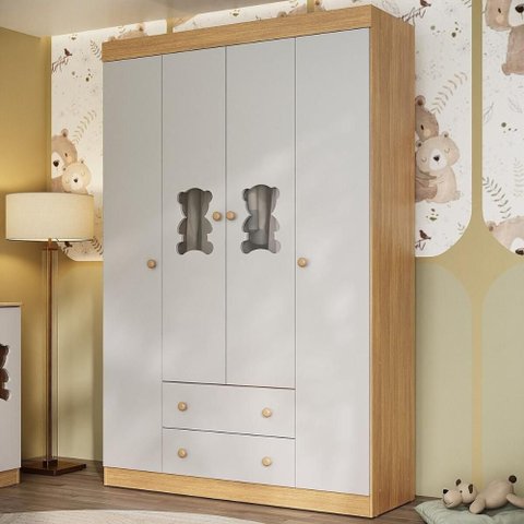 Guarda-roupa Infantil 122cm com Vidro 4 Portas e 2 Gavetas Teddy Multimóveis Mp4488 Madeirado/off