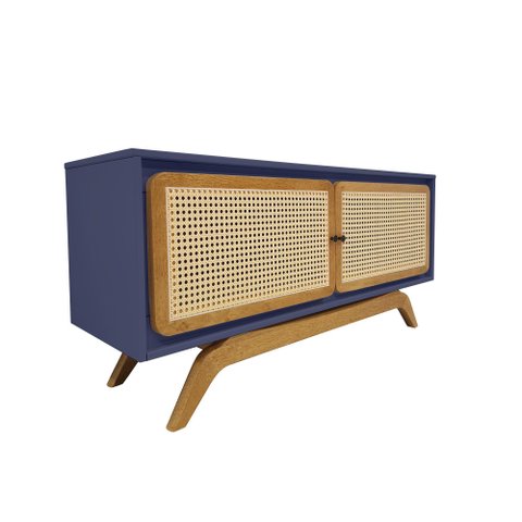 Rack Sala Tv até 50 Polegadas Ricco 113 Cm Laca Portas Palhinha Azul Gloss