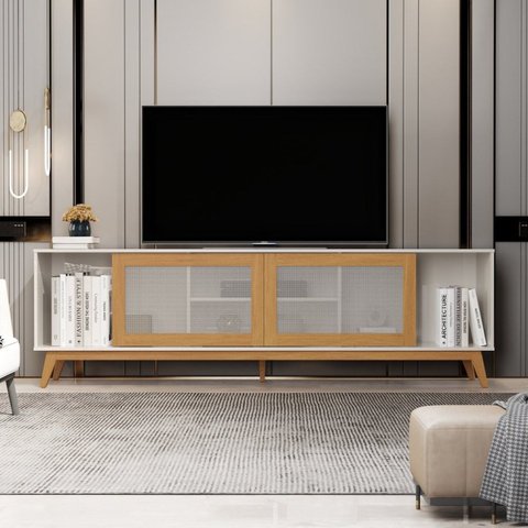 Rack para TV até 75 Polegadas MDF 218cm Pés em Madeira Maciça Denver Yescasa Cinza Off White/Nature