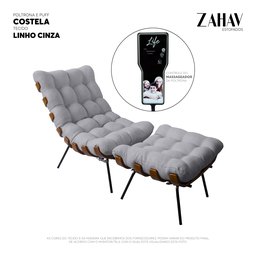 Poltrona Costela com Massageador e Puff Luxo Linho Cinza - Zahav Estofados - 2