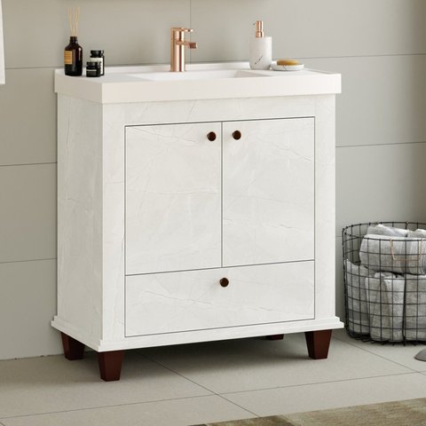 Gabinete para Banheiro 2 Portas 1 Gaveta 80cm Valência Cristal Branco/Quartzo