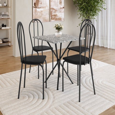 Conjunto Sala de Jantar Mesa Quadrada 70cm Tampo Granito com 4 Cadeiras Leia Preto/Ocre