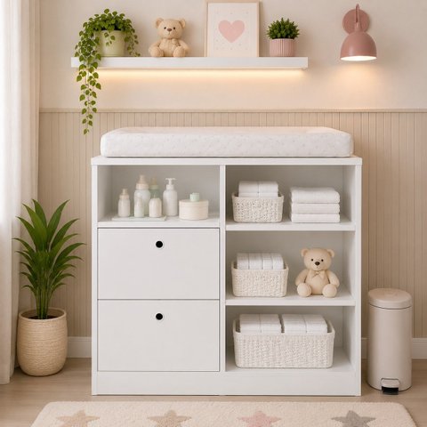 Cômoda Trocador Bebê Branco com Nichos Organizador Infantil Moderno