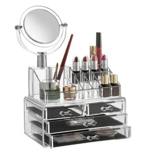 Organizador de Cosmeticos Maquiagem 4 Gavetas e Espelho Acrilico Porta Batom Pincel Lapis Joia