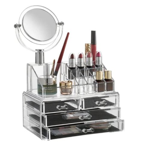Organizador de Cosmeticos Maquiagem 4 Gavetas e Espelho Acrilico Porta Batom Pincel Lapis Joia