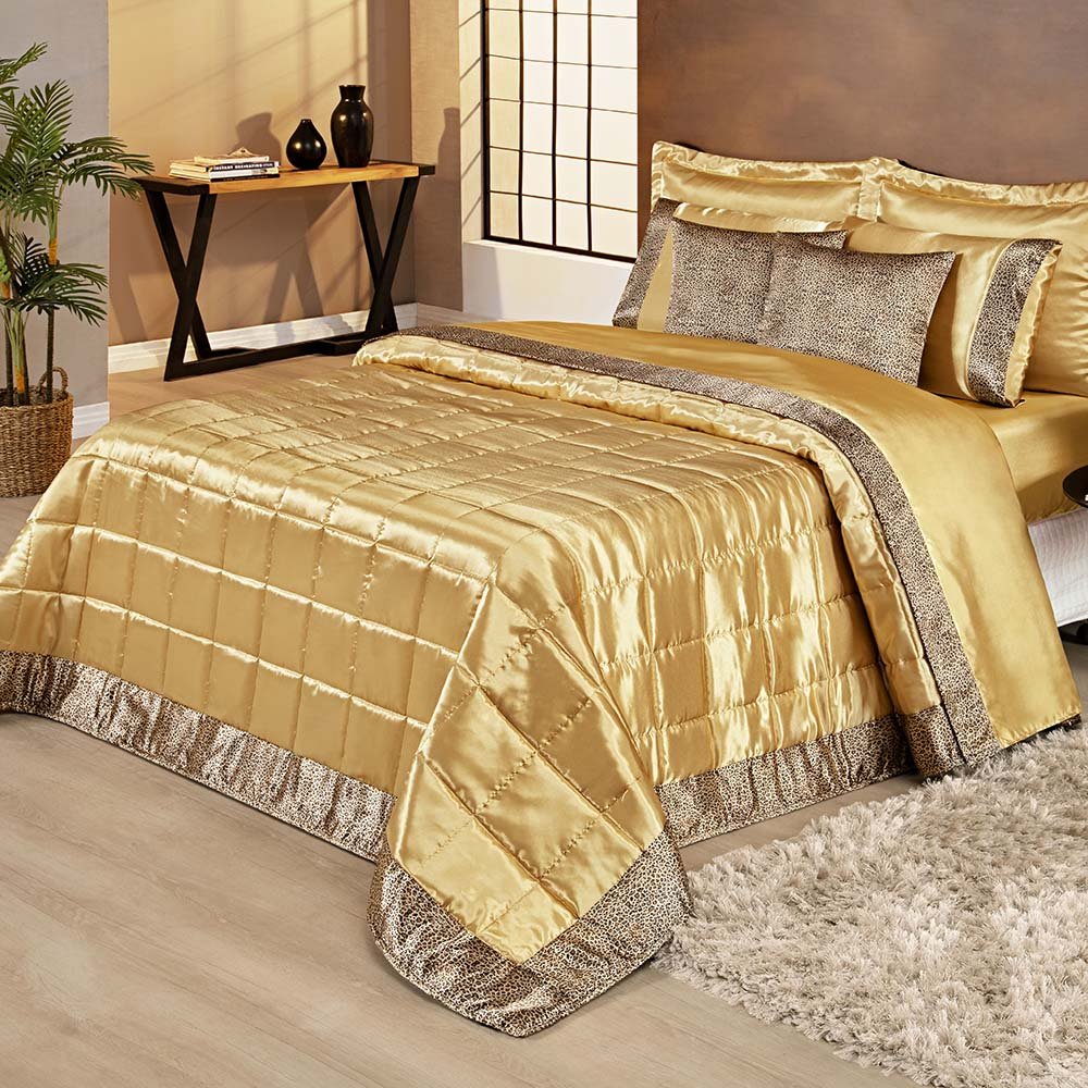 Colcha Cobre Leito Africa Queen 9 Peças Cetim Charmousse - Dourado - 1