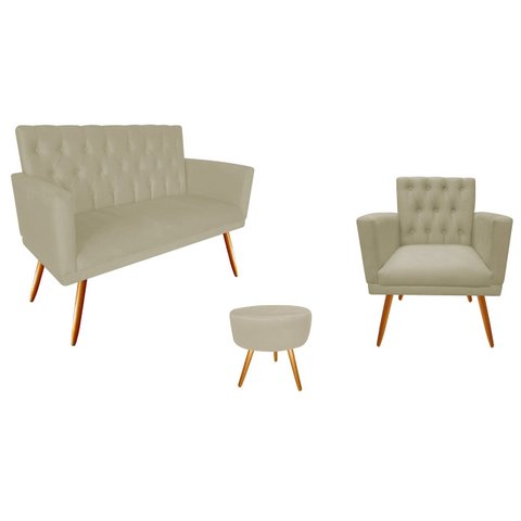 Kit Namoradeira + 1 Poltrona Decorativa Nina Capitonê + Puff Redondo Suede Bege Pés Madeira Ms Decor