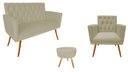 Ver imagem 1 de Kit Namoradeira + 1 Poltrona Decorativa Nina Capitonê + Puff Redondo Suede Bege Pés Madeira Ms Decor