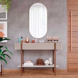 Kit Aparador Canelado Lira com Espelho Decorativo Jade Cimol Off White/Nature - 1