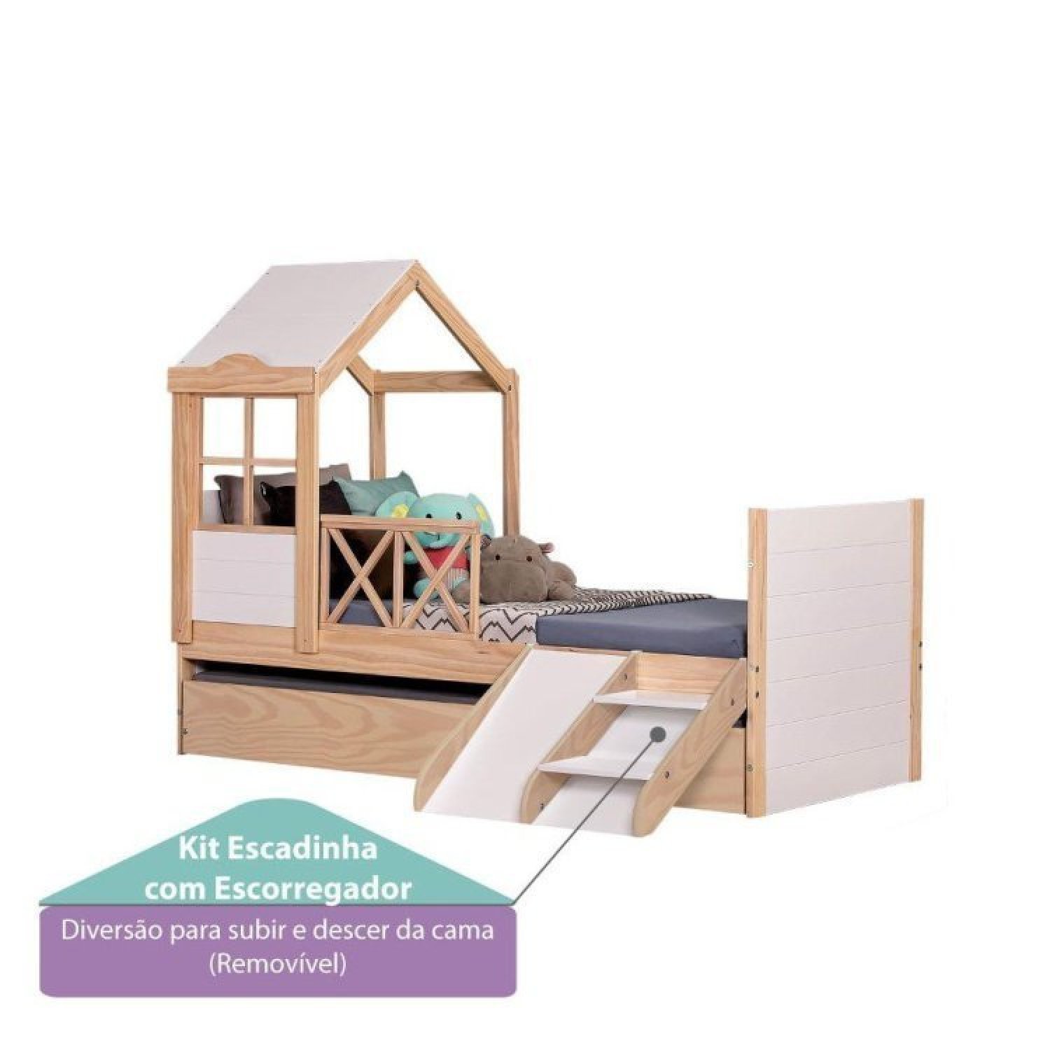 Bicama Solteiro Infantil Garden com Telhado Plus e Kit Escadinha Casatema - 6