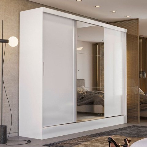 Guarda-Roupa Casal com Espelho 3 Portas de Correr e 4 Gavetas Plata Yescasa Branco