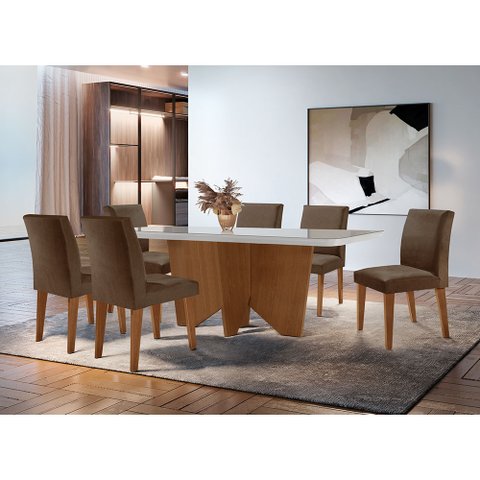 Sala de Jantar Mesa Evora 180 Mdf Vidro Canto Copo com 6 Cadeiras Grecia Rufato