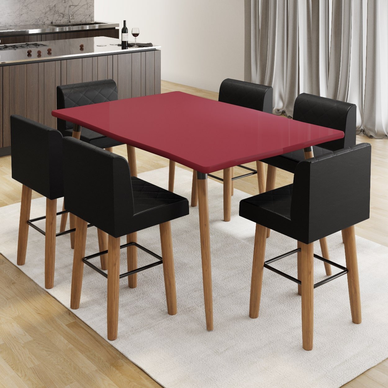 Conjunto com Mesa de Jantar Lótus 120cm e 6 Banquetas Pretas- Cor Jester Red - 1