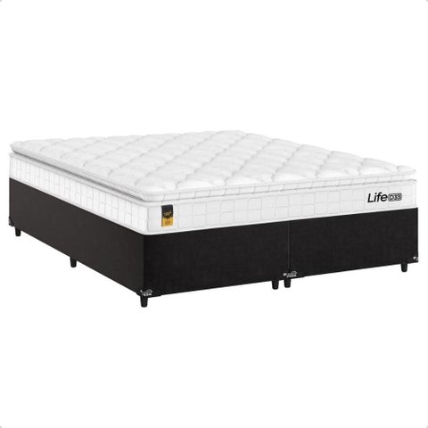 Cama Box Queen Preto + Colchão Life D33 Pillow Top Branco 56x158x198cm - e-Shop Casa