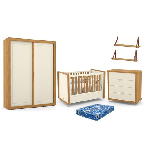 Dormitório Tutto New 2 Portas, Cômoda, Berço Off White/Freijó com Colchão e Prateleiras - Matic Móve