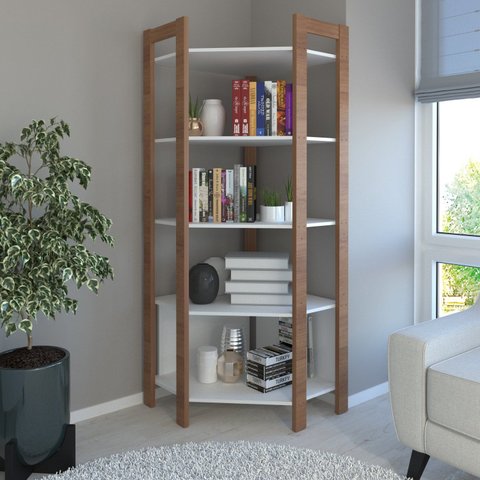 Estante de Livros 65CMX184,7cm Multiuso de Canto Haia com 5 Prateleiras Yescasa Branco/Amêndoa