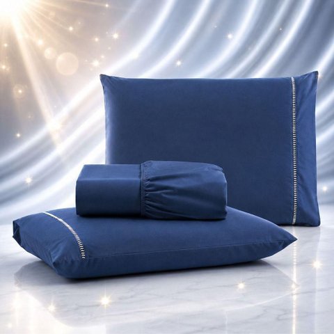 Jogo de Cama Lençol Quality King 3 Peças Micropercal 600 Fios Marinho Casa Show Enxovais