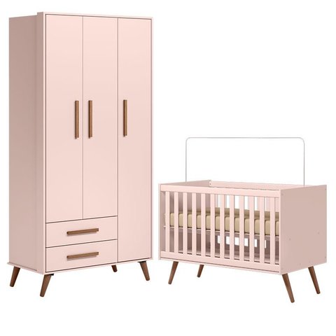 Berço Americano 3820 e Guarda Roupa Roupa 3830 Q Encanto Retrô Rosa - Qmovi
