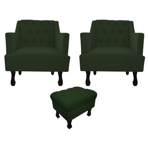Kit 2 Poltronas Decorativa Julia + Puff Luis Xv Suede Verde Pés Madeira Mz Decor