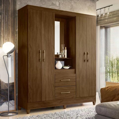 Guarda Roupa Casal 4 Portas 2 Gavetas Nogueira Nogueira