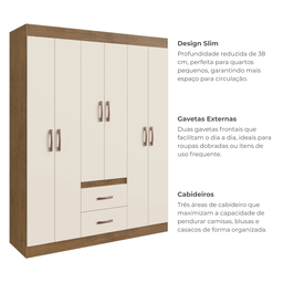 Guarda Roupa Solteiro 6 Portas 2 Gavetas Off White/Nogueira Montevideu - 6 Guarda Roupa Solteiro 6 Portas 2 Gavetas Off White/Nogueira Montevideu - 6