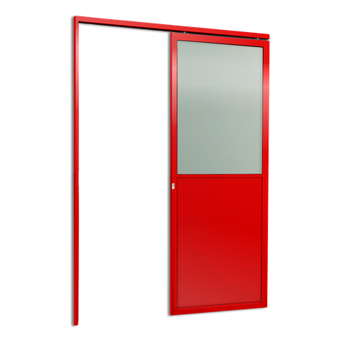 Porta de Correr Suspensa Meia Lambril Meia Vidro Esq L.25 Vermelha 210x70 Brimak