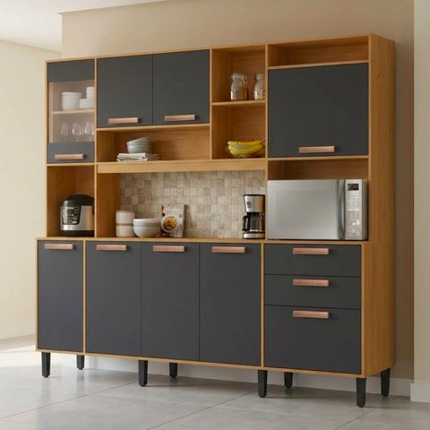 Cozinha Compacta com Tampo e Nicho para Micro-Ondas 220cm Nápoles Itatiaia Marrom Cinamomo/Cinza
