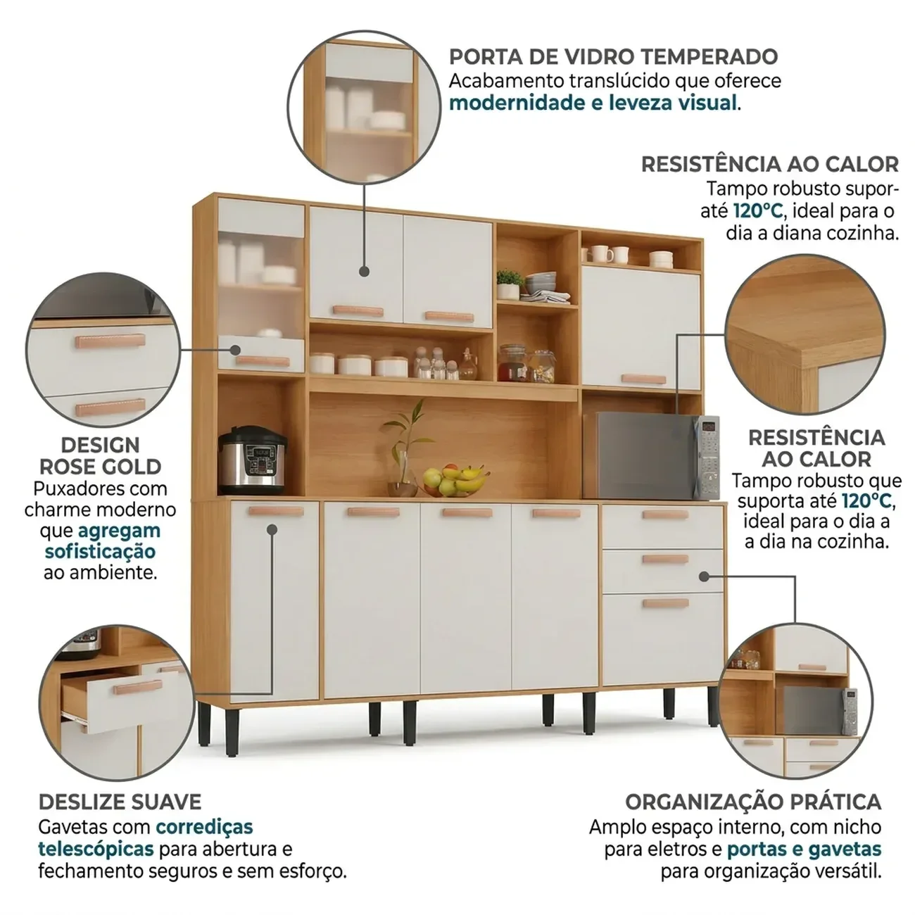 Ver imagem 6 de Cozinha Compacta com Tampo e Nicho para Micro-Ondas 220cm Nápoles Itatiaia Marrom Cinamomo/Off White