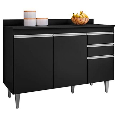 Balcão para Cozinha 120 cm com Tampo 3 Portas Milena Preto