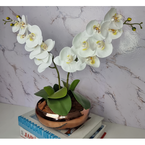 Arranjo Com 2 Orquídeas Branca Vaso Cobre 22cm