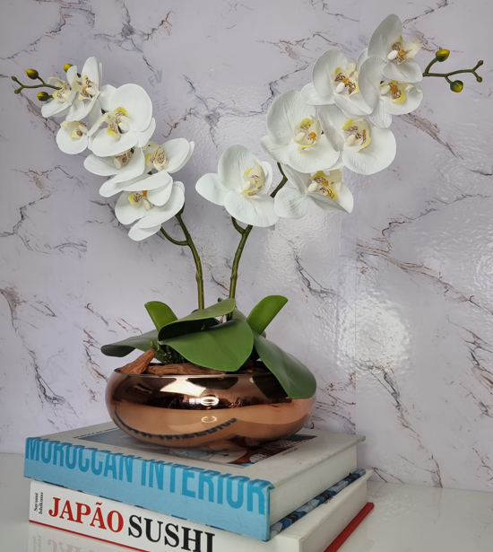 Arranjo Com 2 Orquídeas Branca Vaso Cobre 22cm - 3
